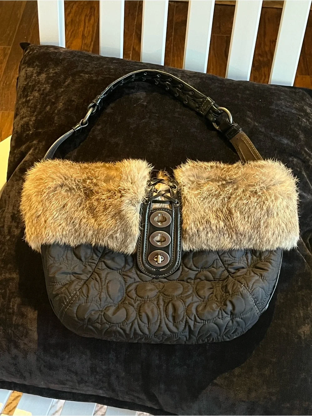 Coach Vintage Black Leather and Rabbit Fur Shoulder Bag